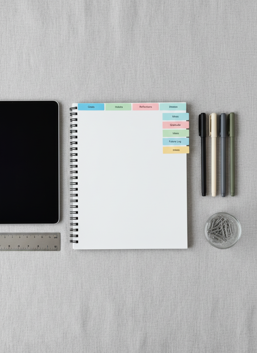A flat lay of a life journaling toolkit arranged with precise order on a soft grey linen surface. At the center, a spiral-bound notebook with crisp white pages is divided by colorful sticky tabs labeled with tiny printed words like “Goals,” “Habits,” and “Reflections.” Surrounding it are a slim digital tablet in sleep mode, a metal ruler, fine-tip pens in neutral tones, and a small glass jar of paperclips. Soft, indirect overcast light from above creates even illumination and almost no harsh shadows, enhancing textures of paper and fabric. Photographic realism with sharp detail throughout and a clean, modern aesthetic, conveying a professional yet personal planning atmosphere.