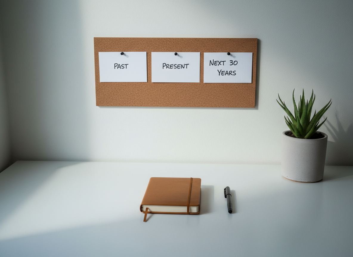 A minimalist writing nook featuring a closed, tan leather-bound journal centered on a matte white desk, with a slim black pen aligned perfectly beside it. Against the wall, a simple corkboard displays three pinned index cards labeled “Past,” “Present,” and “Next 30 Years.” A ceramic plant pot with a small, structured plant adds a touch of green. Cool, diffused daylight enters from the left, creating a clean, shadowed gradient across the workspace. Captured in photographic realism from a slightly elevated angle using the rule of thirds, the composition feels organized and intentional, suggesting grounded planning and long-term life journaling without any visible human presence.
