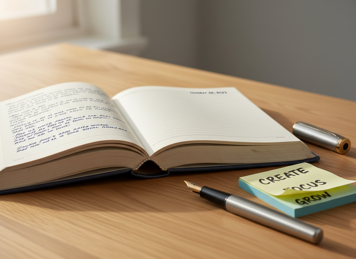 A thick, slightly worn hardcover journal with a textured navy linen cover lies open on a smooth, pale oak desk. The pages are cream-colored, faintly lined, with a few neatly written paragraphs in dark ink and a simple date at the top of the page. Beside it rests a weighty metal fountain pen and a small stack of sticky notes with single, bold words written on them. Soft morning sunlight from an unseen window washes across the desk, creating gentle highlights on the ink and subtle shadows along the page edges. Photographic realism, eye-level composition, shallow depth of field, calm and focused mood, with the background fading into a soft, neutral blur to emphasize the journaling moment.